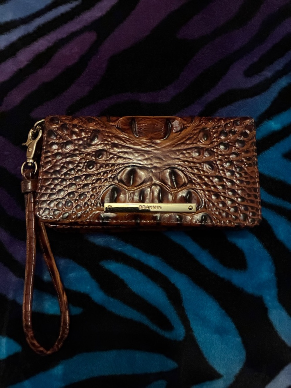 Brahmin Debie Brown Croc-Embossed Leather Wristlet in Melbourne Pecan